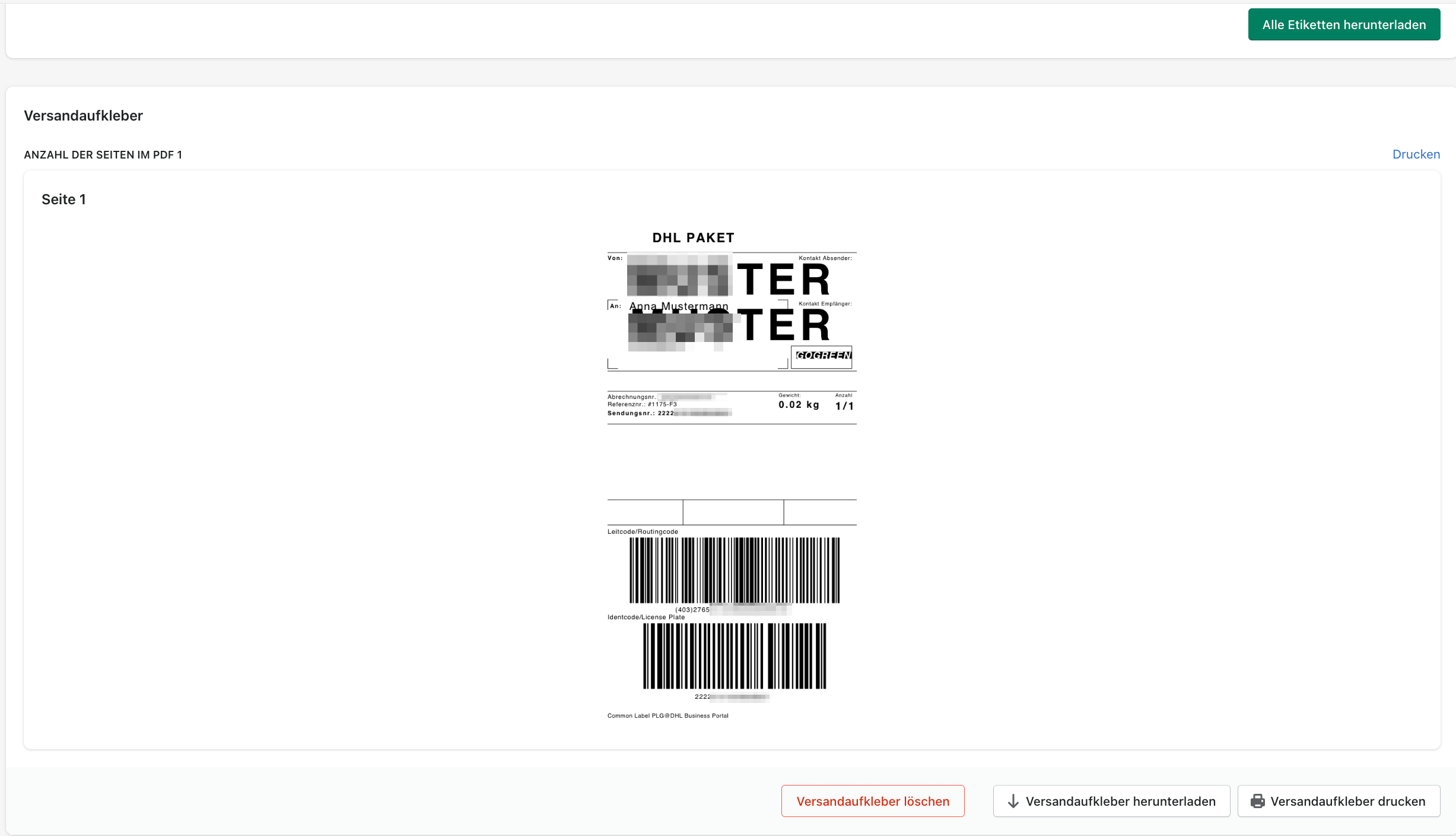 Versandlabel löschen Versandlabel löschen
