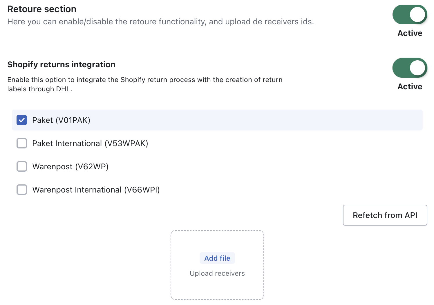 Configure return section